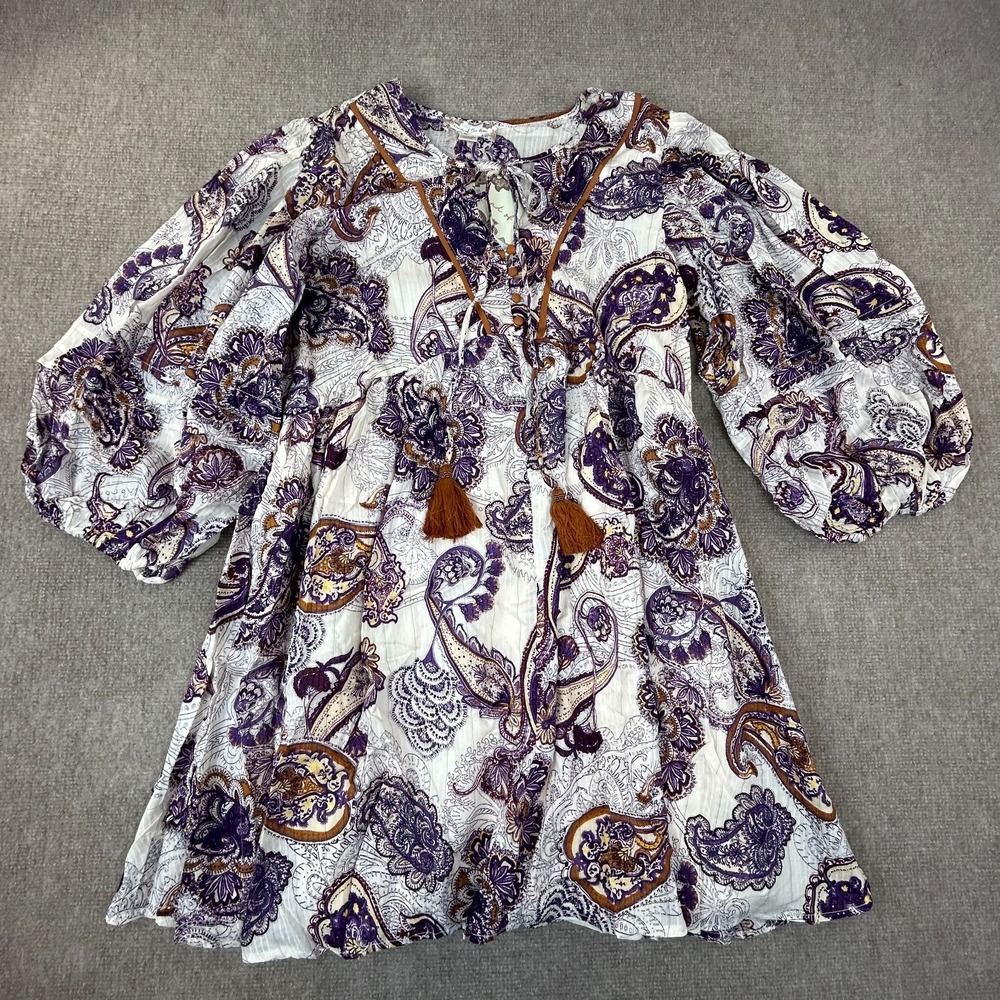 Band Of The Free Mini Dress Womens Large Cream Purple Paisley Boho Tassel Flowy